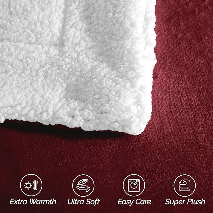 Elegant Comfort Ultra Soft Reversible Flannel Sherpa Blanket - Cozy Silky Fleece Throw for Couch, Bed - Plush Fuzzy Warm Winter Blanket for Gift, Full, Burgundy