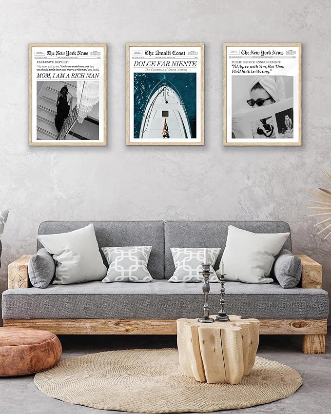 EcoHest Unframed Trendy Newspaper Wall Art, 12x16 in OAK Wood Cool Girl Canvas Art Posters, Magazine Bar Cart Print College Dorm Decor, Beige Logs Set of 1 for Bedroom Living Room