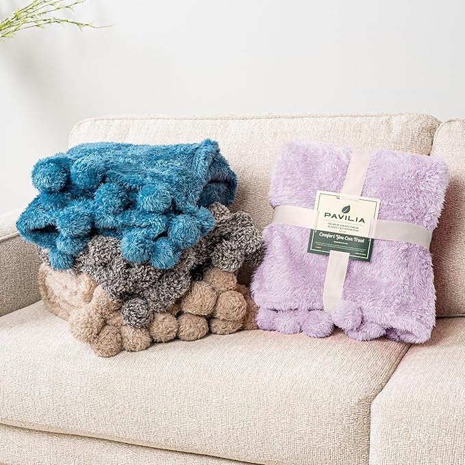 PAVILIA Lavender Sherpa Throw Blanket for Couch, Warm Plush Pom Pom Blanket Throw Twin, Fuzzy Sofa Blanket Throw for Bed, Lightweight Soft Cozy Fluffy Blanket with Pom Poms, Light Purple, 60x80