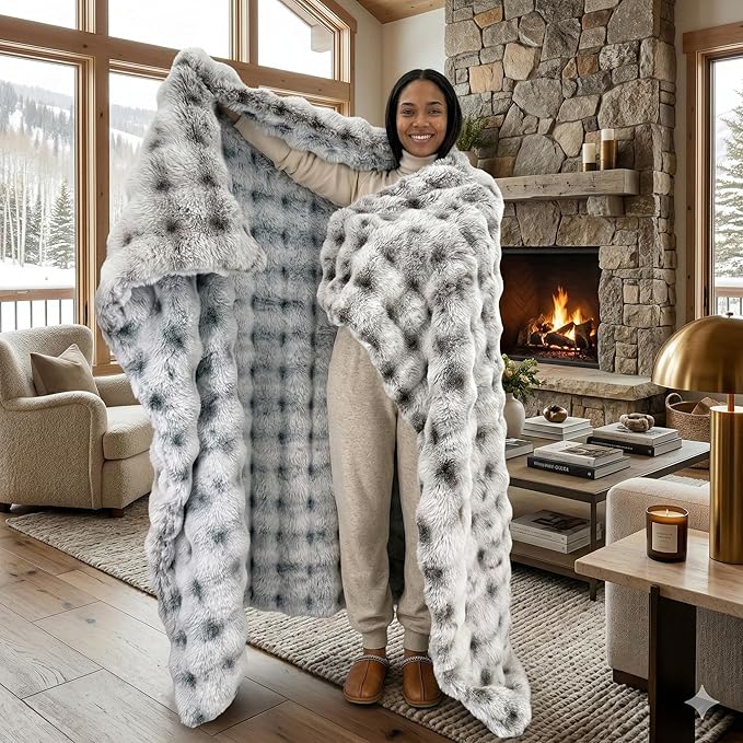 Luxury 1000GSM Double-Sided 3D Bubble Throw Blanket, 60x80 Inches, Reversible Two-Tone Faux Rabbit Fur, Frosted Black & Brown White-Tipped, High-Density Ultra Soft Warm Blanket for Sofa