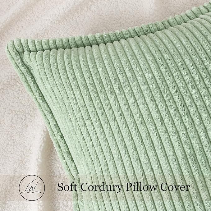 Mecatny Corduro Spring Throw Pillow Covers 18x18 Set of 2, Neutral Decorative Soft Boho Couch Pillow Covers with Broadside for Sofa Living Room, Sage Green