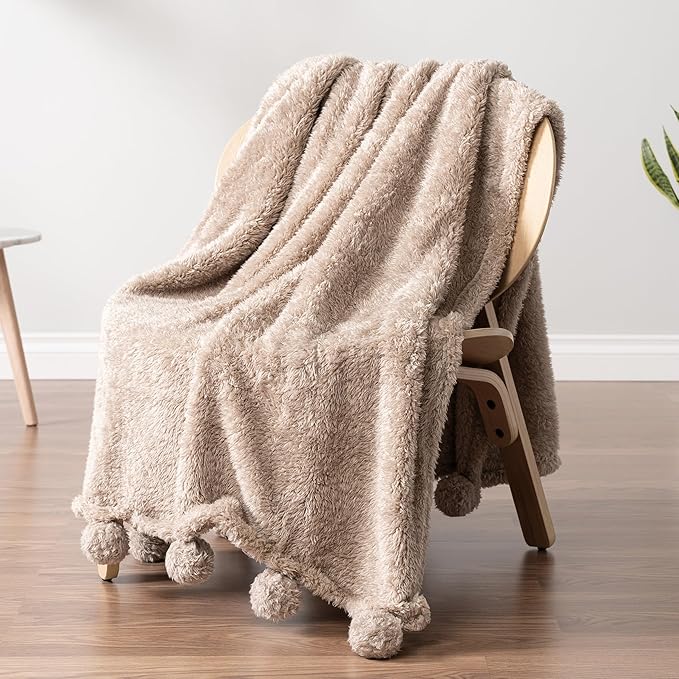PAVILIA Tan Sherpa Throw Blanket for Couch, Warm Plush Pom Pom Blanket Throw Twin, Fuzzy Sofa Blanket Throw for Bed, Lightweight Soft Cozy Fluffy Blanket with Pom Poms, Taupe, 60x80