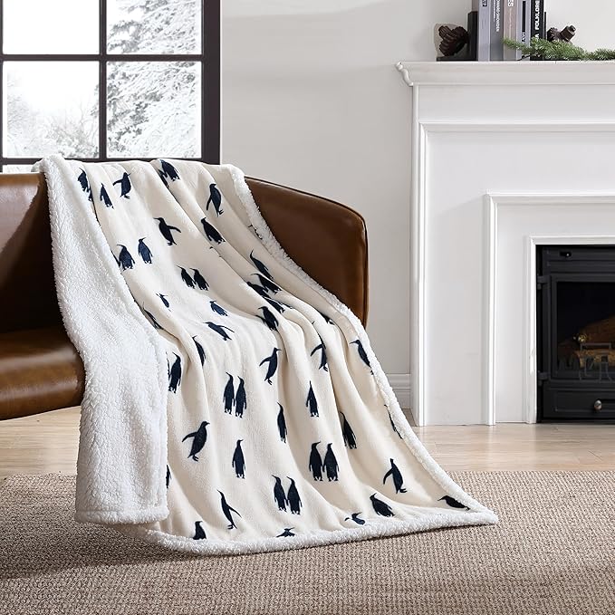 Eddie Bauer - Throw Blanket, Brushed Fleece & Plush Sherpa Bedding, Blanket for Couch & Bed (Emperor Penguin Blue, 50" x 60")