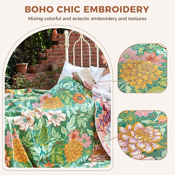 Boho Throw Blanket for Couch Sofa Chair Spring Cotton Blankets for Bedroom Living Room All Season Lightweight Reversible Floral Embroidery Throws 50"x60"