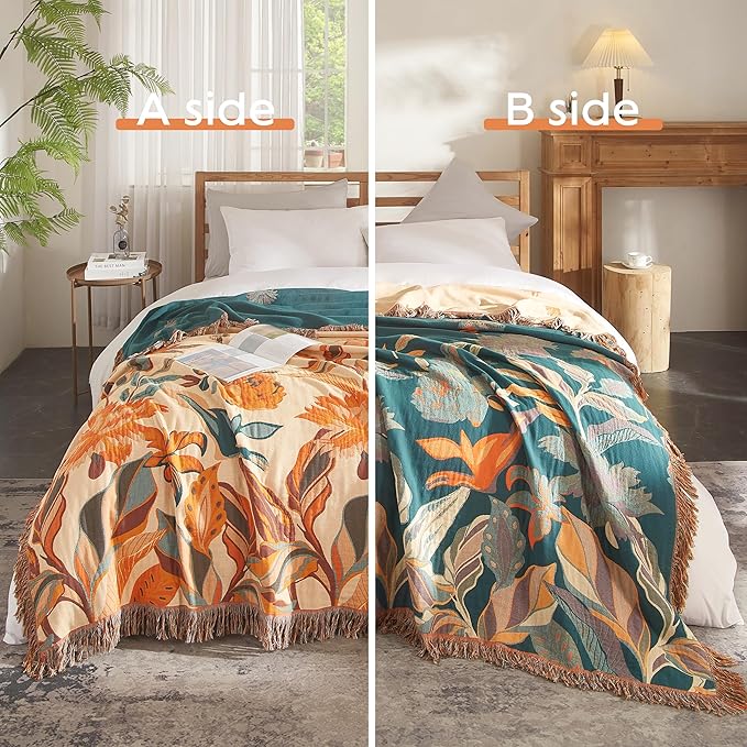 Boho Throw Blanket for Bed 50”x60”, 100% Cotton Woven Blanket for Couch Sofa, Ultra Soft 4-Layer Muslin Quilt with Floral Printed, Farmhouse Bed Blanket/Cover for Living Room Decor