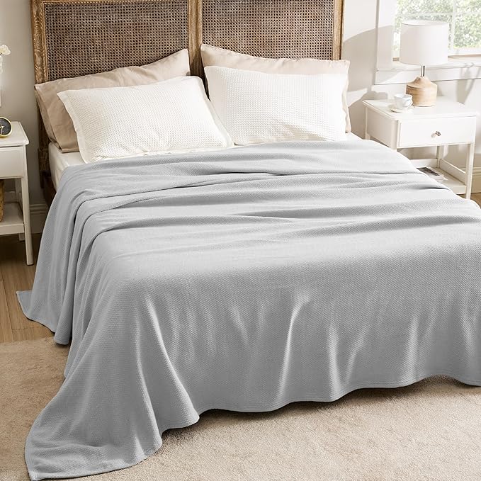 Bedsure GentleSoft 100% Cotton Blanket Queen Size for Bed - Breathable and Lightweight, Soft Cozy Textured Herringbone Woven Blanket for Summer Spring, Cool Grey, 90x90 inches