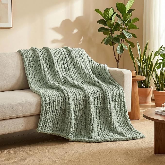 Amélie Home Chunky Knit Throw Blanket for Couch, Soft Chenille Crochet Blanket, 60"x80", Sage Green