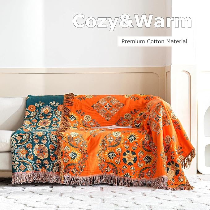 Boho Throw Blanket for Bed 100% Cotton Soft Lightweight Quilt Floral Embroidery Home Decor Spring Breathable Orange Bed Blankets,80"x90" All Season Reversible Blankets for Sofa Couch Chair