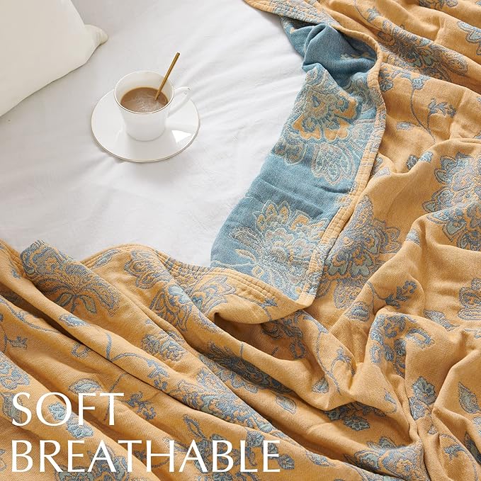 jinchan Boho 100% Cotton Muslin Twin Size 50x60 Inches Blanket Lightweight 4-Layer Quilted Soft Yellow and Blue Floral Throw Blanket Reversible Comfy Flower Breathable All Seasons Couch Bedroom Decor