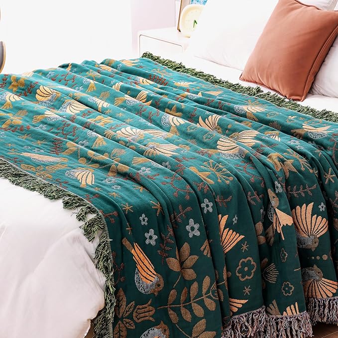 Boho Large Throw Blanket for Bed, 100% Muslin Cotton Soft Breathable Throw-Floral Bird Rustic Decor Blanket for Couch Sofa Quilt and Gift, 60" x 80"-Teal/Beige
