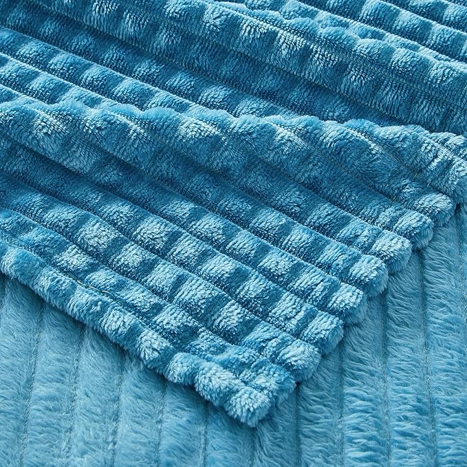 EMME Fleece Blanket, 3D Jacquard Throw Blanket for Couch and Bed, Soft Cozy and Fluffy Blankets Lightweight Luxury Flannel with Geometric Grid Design (Peacock Blue, 50" x 60")