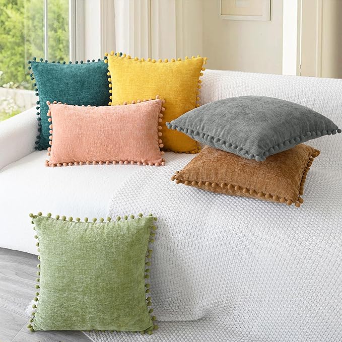 CaliTime Throw Pillow Covers Decorative 18 X 18 Inches Pack of 2 Cozy Solid Dyed Soft Chenille Cushion Cases with Pom Poms for Couch Sofa Bed Living Room Home Teal