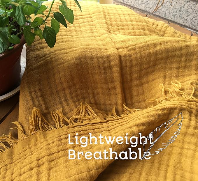 KyraHome 100% Cotton Muslin Throw Blankets for Couch, 50"x60" Pre-Washed Plant Dyed, Breathable, Lightweight Muslin Throw Blankets for Adults, All Season, Mustard Yellow
