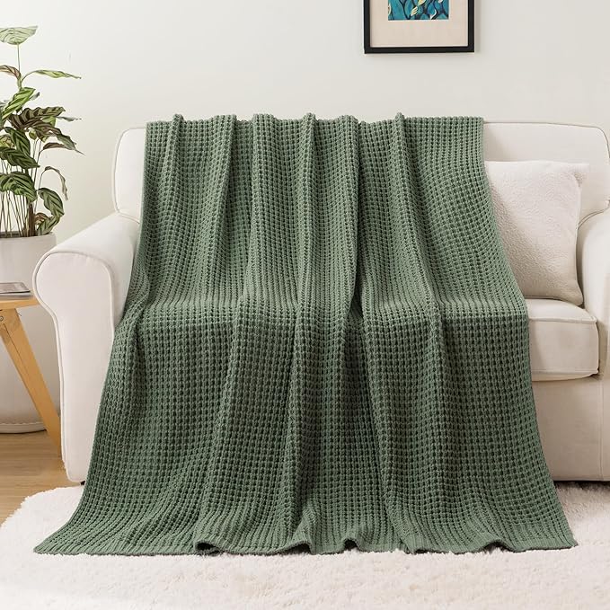 Bunnikins & Clover Knitted Waffle Throw Blanket 50x60 Inches, Sage Green Throw Blanket for Couch, Soft Cozy Chenille Knit Blanket Warm Decorative Throw for Sofa
