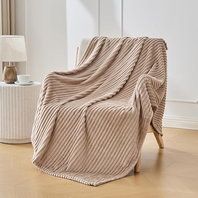 Bnuitland Fleece Throw Blanket, 300GSM Soft Warm Cozy Fluffy Throw for Babys & Pets, Stripe Pattern, All Season Sofa Bed Blanket for Home Decor, Light Camel 60"x80"