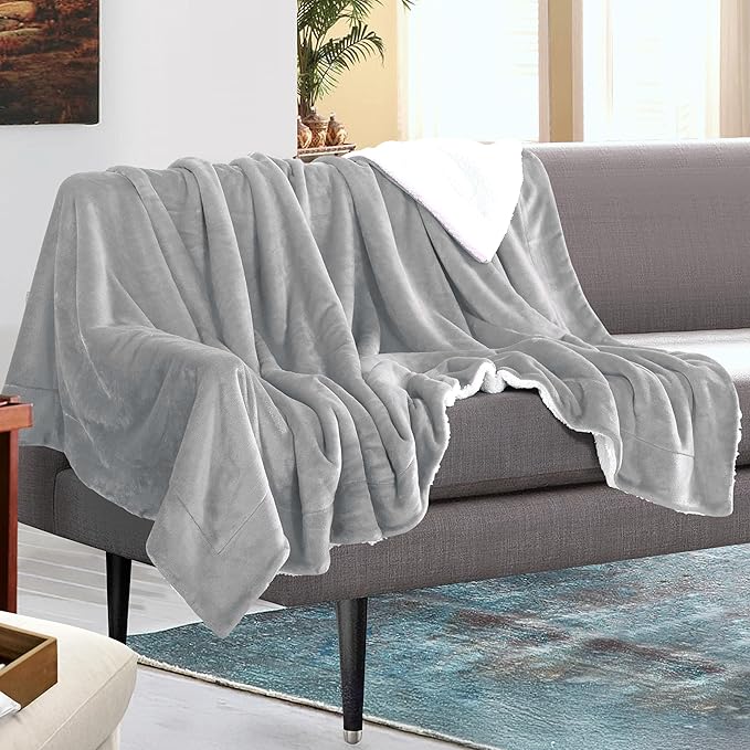 Mocassi Premium Ultra-Soft Velvet Touch Flannel Fleece Sherpa Throw - Warm Cozy Reversible Plush Micromink Throw Blanket for Couch, Bed and Sofa - Fluffy, Christmas Winter Bedding Gift, Silver Grey