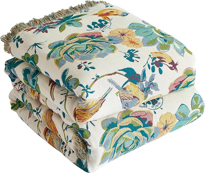 Boho Throw Blanket for Bed 60”x80”, 100% Cotton Woven Blanket for Couch Sofa, Ultra Soft 4-Layer Muslin Quilt with Floral Printed, Farmhouse Bed Blanket/Cover for Living Room Decor