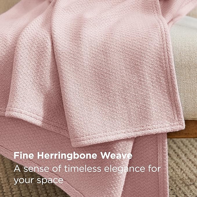 Bedsure GentleSoft 100% Cotton Blanket Twin XL Size for Bed - Breathable and Lightweight, Soft Cozy Textured Herringbone Woven Summer Spring Blanket for College Dorm, Pink, 66x90 inches
