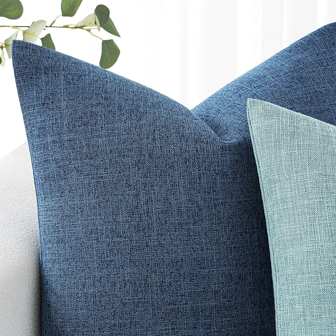 MIULEE Pack of 2 Decorative Linen Burlap Coastal Pillow Covers Farmhouse Accent Pillowcases for Sofa Car Couch Bedroom Living Room Decor 20x20 Inch Blue