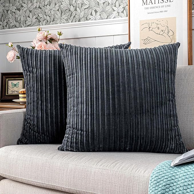 UGASA Corduroy Striped Throw Pillow Covers Soft Soild Decorative Square Set Cushion Cases Pillowcases for Sofa Bedroom, 2 Pcs, 18x18inch, Dark Grey
