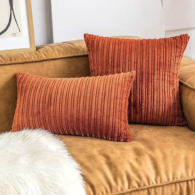 UGASA Fall Striped Velvet Decor Pillow Covers Soft Solid Square Corduroy Cushion Covers Throw Cushion Cases for Couch Sofa Living Room, 20"x20", Pack of 2, Burnt Brick