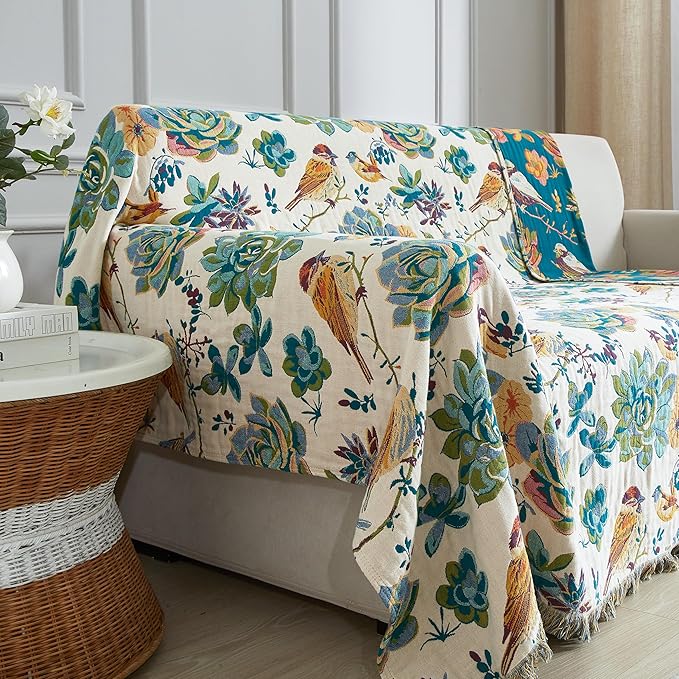 Boho Throw Blanket for Bed 90”x98”, 100% Cotton Woven Blanket for Couch Sofa, Ultra Soft 4-Layer Muslin Quilt with Floral Printed, Farmhouse Bed Blanket/Cover for Living Room Decor