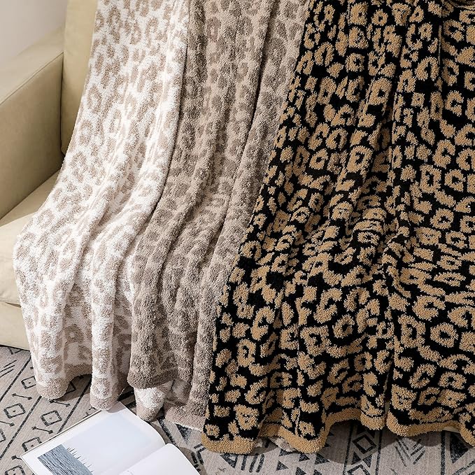 bearberry Fuzzy Leopard Knitted Throw Blanket Soft Cozy Warm Microfiber Blanket for Couch Sofa Bed Travel(Graphite/Carbon, 51"x70")