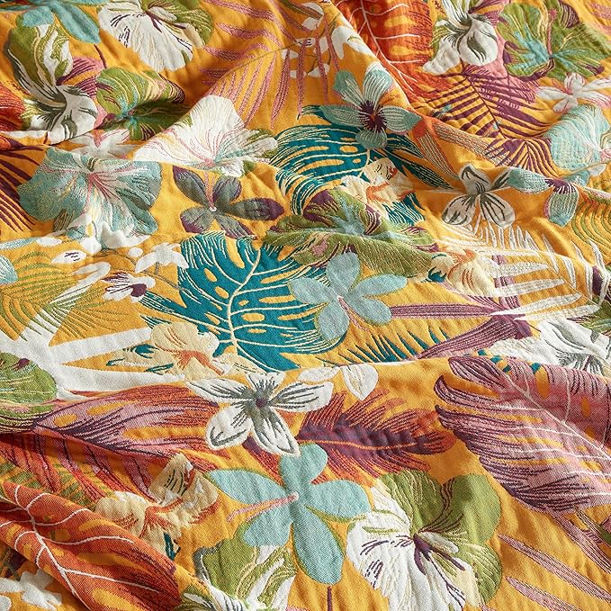 Boho Throw Blanket for Bed 80”x90”, 100% Cotton Woven Blanket for Couch Sofa, Ultra Soft 4-Layer Muslin Quilt with Floral Printed, Farmhouse Bed Blanket/Cover for Living Room Decor