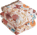 Boho Throw Blanket for Bed 90”x98”, 100% Cotton Woven Blanket for Couch Sofa, Ultra Soft 4-Layer Muslin Quilt with Floral Printed, Farmhouse Bed Blanket/Cover for Living Room Decor