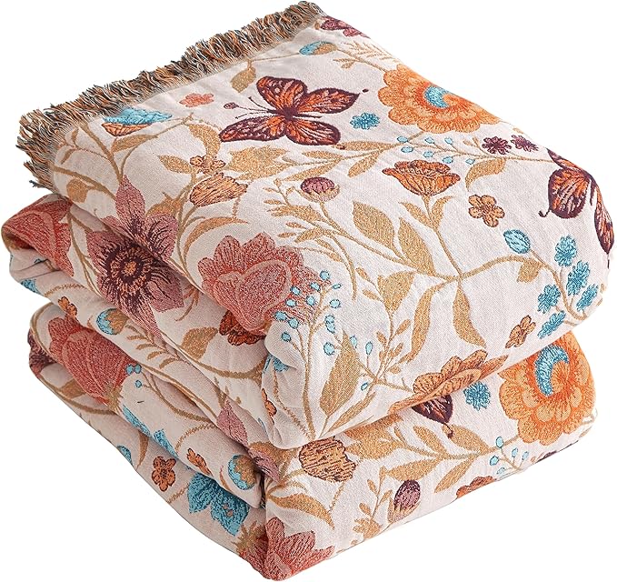 Boho Throw Blanket for Bed 80”x90”, 100% Cotton Woven Blanket for Couch Sofa, Ultra Soft 4-Layer Muslin Quilt with Floral Printed, Farmhouse Bed Blanket/Cover for Living Room Decor