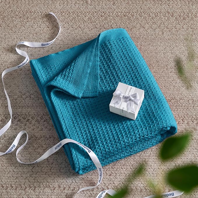 Bedsure Gentlesoft 100% Cotton Blanket Twin XL Size for College Dorm - Breathable and Soft for Spring Summer, Waffle Weave Twin Blanket for Bed, Dorm Room Essentials, Teal, 66x90 inches