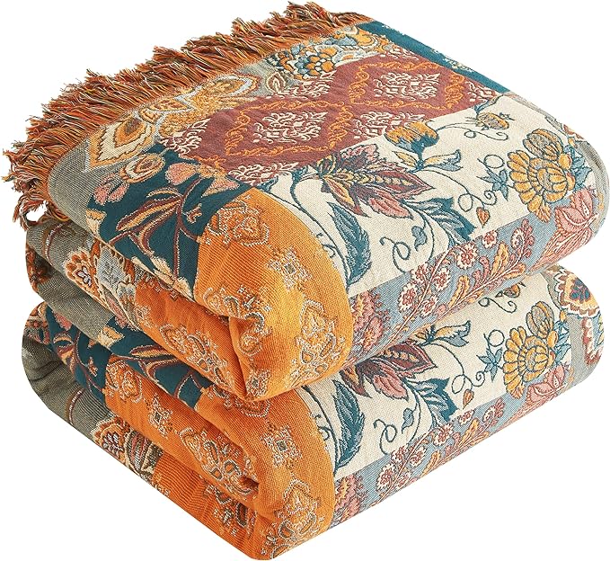 Boho Throw Blanket for Bed 90”x108”, 100% Cotton Woven Blanket for Couch Sofa, Ultra Soft 4-Layer Muslin Quilt with Patchwork Floral Printed, Farmhouse Bed Blanket/Cover for Living Room Decor
