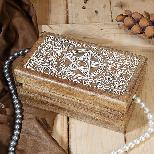 Ajuny Handmade Wooden Decorative Storage Box Star Floral Pattern Multipurpose Keepsake Treasure Chest Box for Memory Cards, Watches, Jewlery and Small Accessories Gift for Men and Women - 8X5 Inch