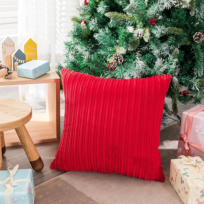UGASA Valentines Corduroy Striped Soft Soild Decorative Square Throw Pillow Covers Set Cushion Cases Pillowcases for Sofa Bedroom, 1 Pc, 26x26inch, Red