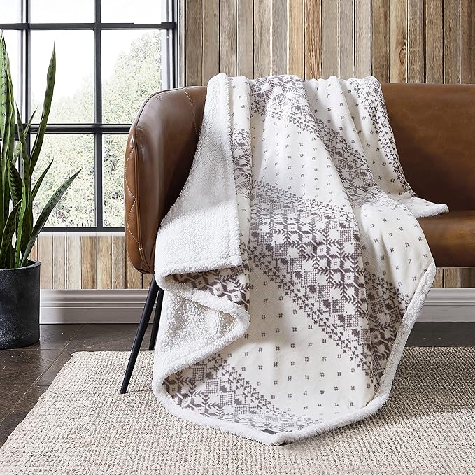 Eddie Bauer - Throw Blanket, Brushed Fleece & Plush Sherpa Bedding, Blanket for Couch & Bed (Fair Isle Peak Grey, 50" x 60")