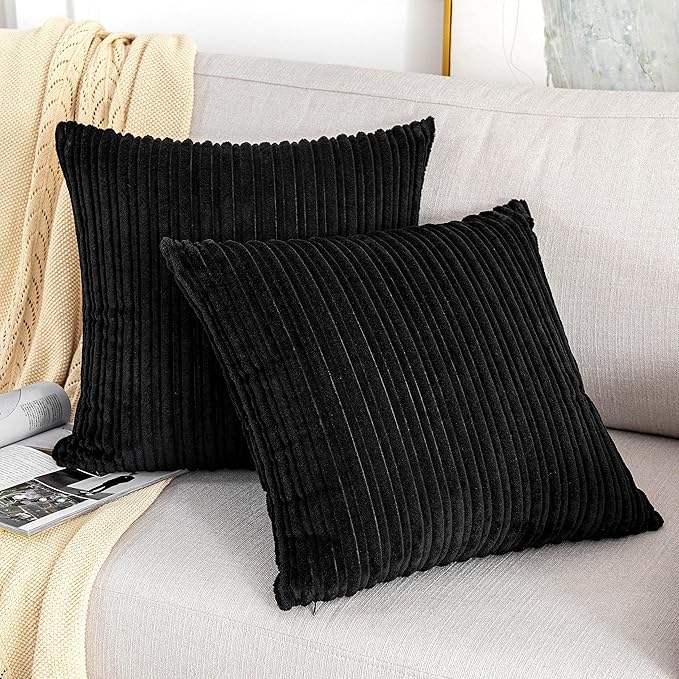 UGASa Striped Textured Velvet Corduroy Decorative Europe Sham Throw Pillow Cushion Cover for Couch, 1 Pc, (45x45 cm, 18inch), Black