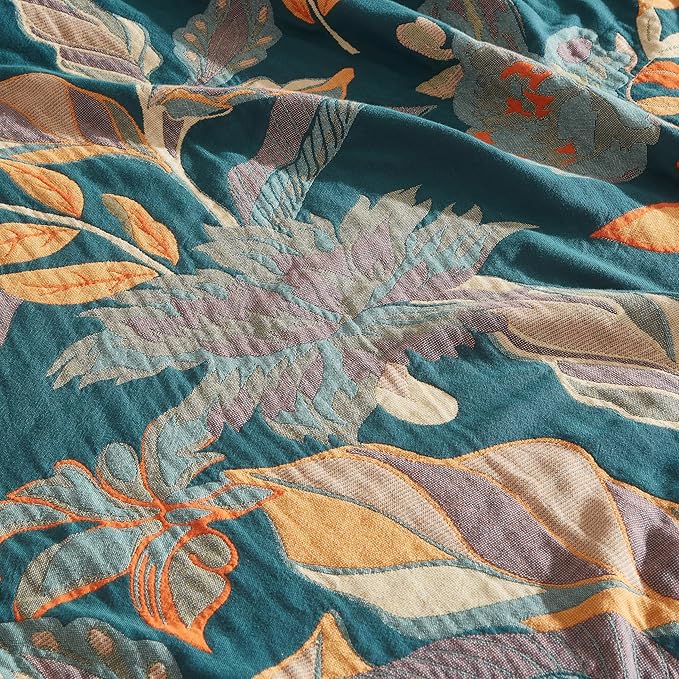 Boho Throw Blanket for Bed 90”x108”, 100% Cotton Woven Blanket for Couch Sofa, Ultra Soft 4-Layer Muslin Quilt with Floral Printed, Farmhouse Bed Blanket/Cover for Living Room Decor