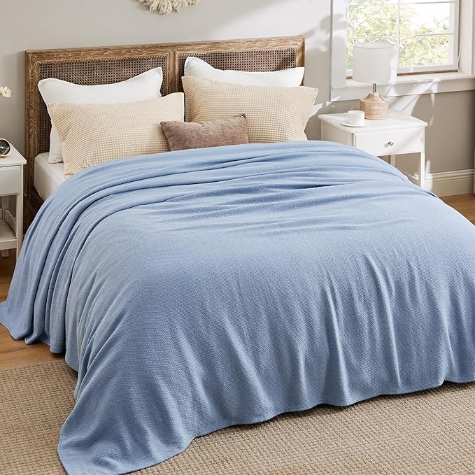 Bedsure GentleSoft 100% Cotton Blanket King Size for Bed - Breathable and Lightweight, Soft Cozy Textured Herringbone Woven Blanket for Summer, Ashley Blue, 108x90 inches