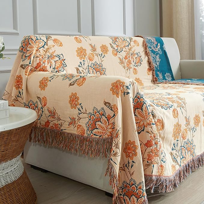 Boho Throw Blanket for Bed 60”x80”, 100% Cotton Woven Blanket for Couch Sofa, Ultra Soft 4-Layer Muslin Quilt with Floral Printed, Farmhouse Bed Blanket/Cover for Living Room Decor