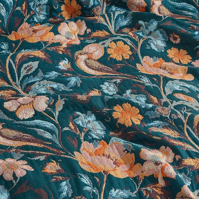 Boho Throw Blanket for Bed 60”x80”, 100% Cotton Woven Blanket for Couch Sofa, Ultra Soft 4-Layer Muslin Quilt with Floral Printed, Farmhouse Bed Blanket/Cover for Living Room Decor