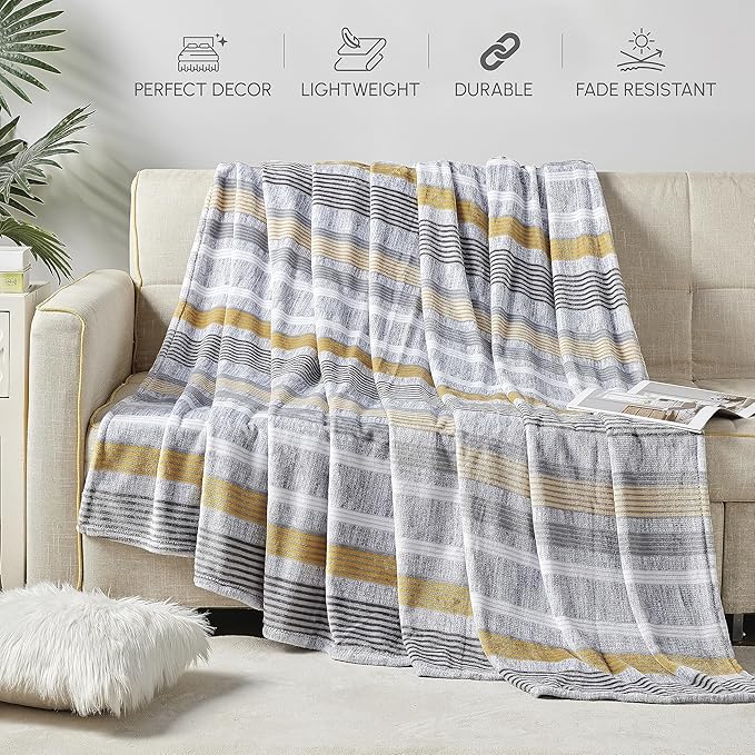 Elegant Comfort Ultra Soft Print Flannel Fleece Bed Blanket, Cozy-Fuzzy Lightweight Bedspread Coverlet, All Season Decorative Blanket for Couch, Sofa, Striped Design, Queen Size, Brea Stripe