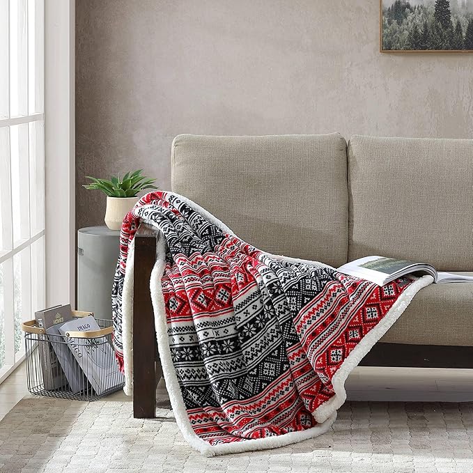 Eddie Bauer - Throw Blanket, Brushed Fleece & Plush Sherpa Soft Bedding, Blanket for Couch & Bed (Fair Isle Black, 50" x 60")