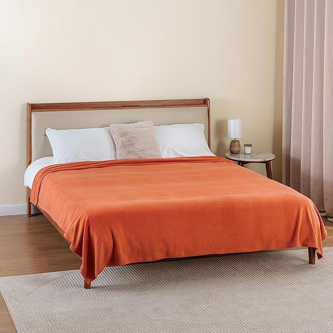 Berkshire Blanket Microfleece Queen Size Bed Blanket Amberglow Orange, Lightweight Soft Breathable Plush Micro Fleece Blanket for Bed Couch Sofa, 90x90 Inches