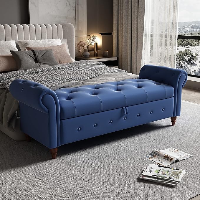 Aoowow Rolled Arm Storage Benches for Bedroom End of Bed Ottoman Bench 63" Long Bench with Storage and Seating for Living Room,Entryway,Window,Button Tufted with Solid Wood Legs (Linen Navy Blue)