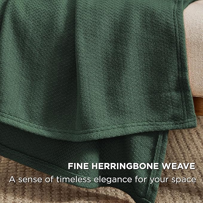 Bedsure GentleSoft 100% Cotton Blanket Twin XL Size for Bed - Breathable and Lightweight, Soft Cozy Textured Herringbone Woven Summer Blanket for College Dorm, Dark Green, 66x90 inches