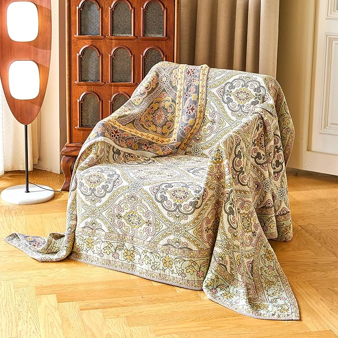 King Boho Throw Blanket, 100% Organic Cotton Breathable Skin-Friendly Ultra Soft 91" x 98" Bed Quilt Throw - Floral Rustic Decor Luxury Reversible Blanket for Sofa Couch Chair and Gift