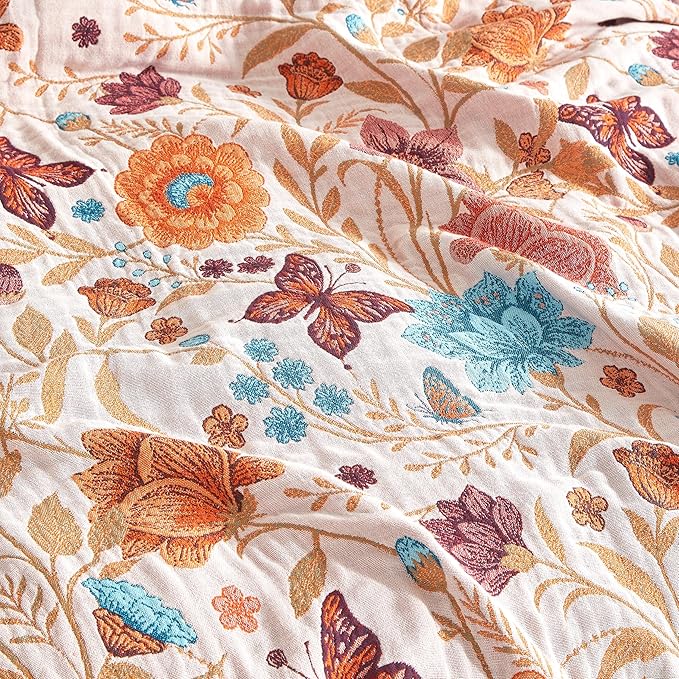 Boho Throw Blanket for Bed 60”x80”, 100% Cotton Woven Blanket for Couch Sofa, Ultra Soft 4-Layer Muslin Quilt with Floral Printed, Farmhouse Bed Blanket/Cover for Living Room Decor