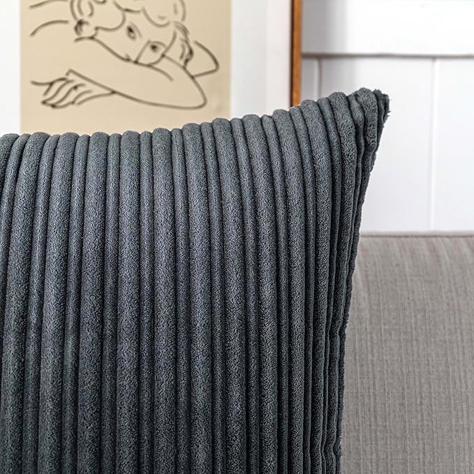 UGASA Corduroy Striped Soft Soild Decorative Square Throw Pillow Covers Set Cushion Cases Pillowcases for Sofa Bedroom, 1 Pc, 24x24inch, Dark Grey
