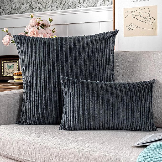 UGASA Corduroy Striped Soft Soild Decorative Square Throw Pillow Covers Set Cushion Cases Pillowcases for Sofa Bedroom, 2 Pcs, 24x24inch, Dark Grey