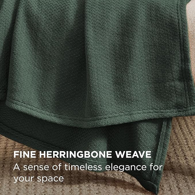 Bedsure 100% Cotton Large Blanket Oversized King for Bed 120x94 inches - Breathable Soft Cozy Herringbone Woven Blanket for Summer, Couch Cover, Dark Green